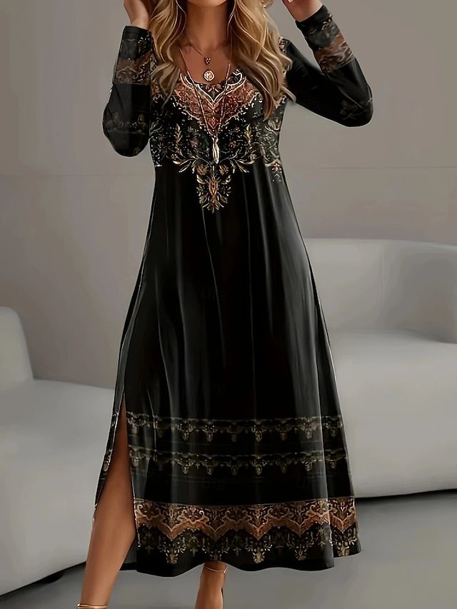 long sleeve dresses_Damen Minikleid Vintage-Kleid T-Shirt-Kleid Boho-Kleid Elegant Retro Lässig Urlaub Täglich Schlank Einfach Langarm Rundhalsausschnitt Schwarz Winter Herbst 2025 - $35.99