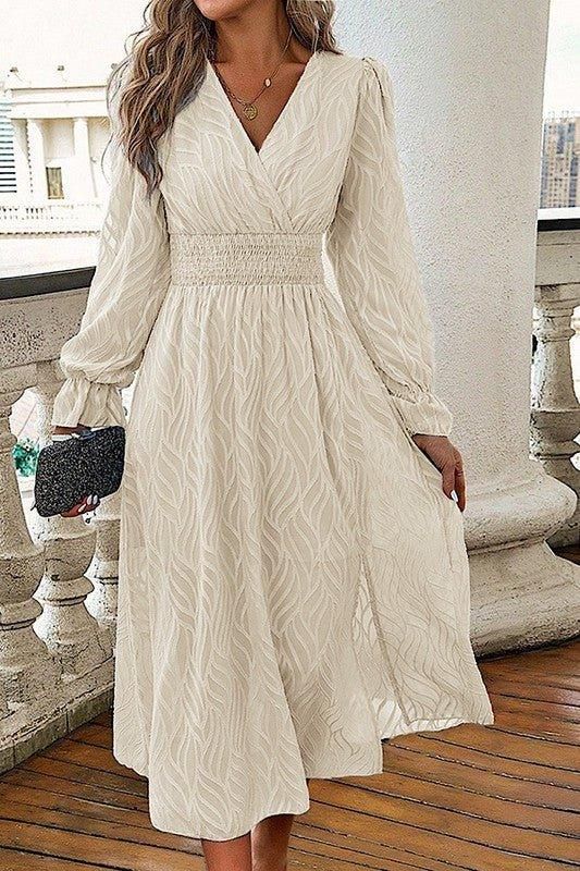 long sleeve dresses_Long Sleeve Midi Dress - Cream / S
