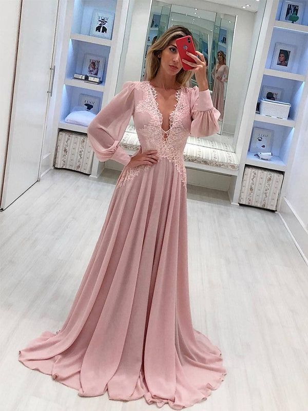 long sleeve dresses_Pink Chiffon Long Sleeve Applique A-line Elegant Prom Dresses,PD00204 - US16 / Custom Color(leaving a note)