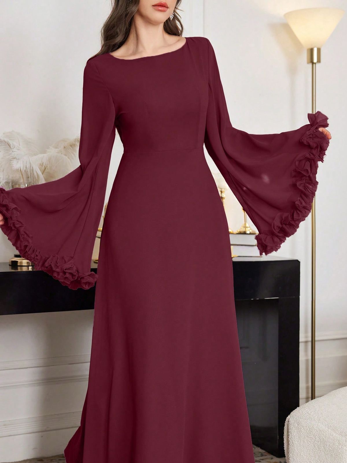 long sleeve dresses_Women's Elegant Waist Tie Volume Sleeve Burgundy Dress Fall Cloth For Women