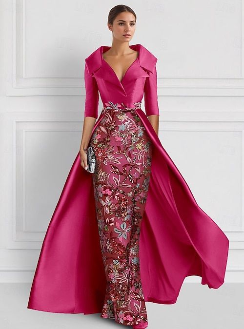 elegant dresses_Besticktes Ballkleid A-Linie Abendkleid elegantes Kleid formelles Hochzeitskleid bodenlang Halblangarm Hemdkragen Satin mit Schlitz Applikationen 2025 - $169.99