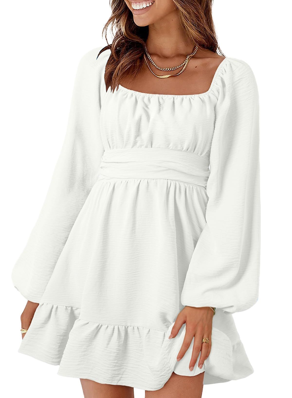 long sleeve dresses_Dokotoo Womens Dress Long Lantern Sleeve Square Neck Tie Backless Sexy Dress Ruffle Elastic Waist A-Line Mini Dress