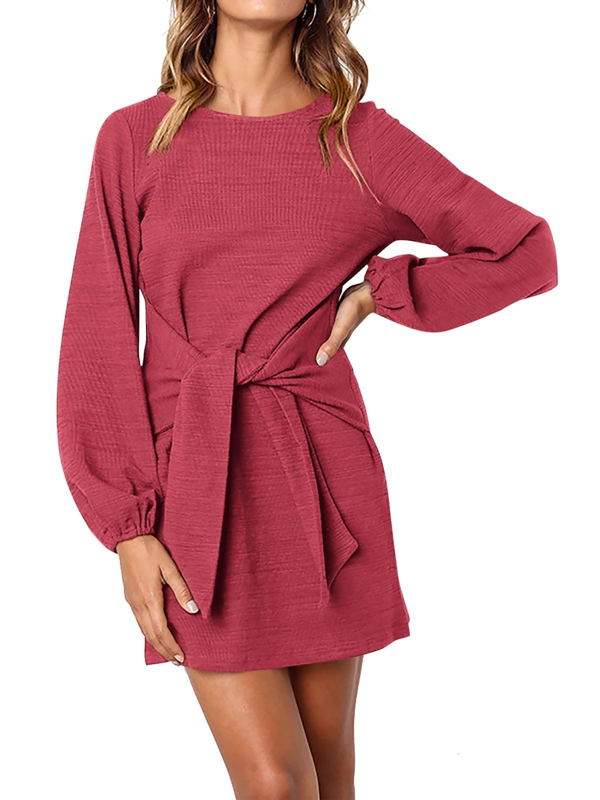 long sleeve dresses_PRETTYGARDEN Womens Fall Elegant Long Lantern Sleeve Short Dress Wedding Guest Crewneck Tie Waist Knit Cocktail Dresses