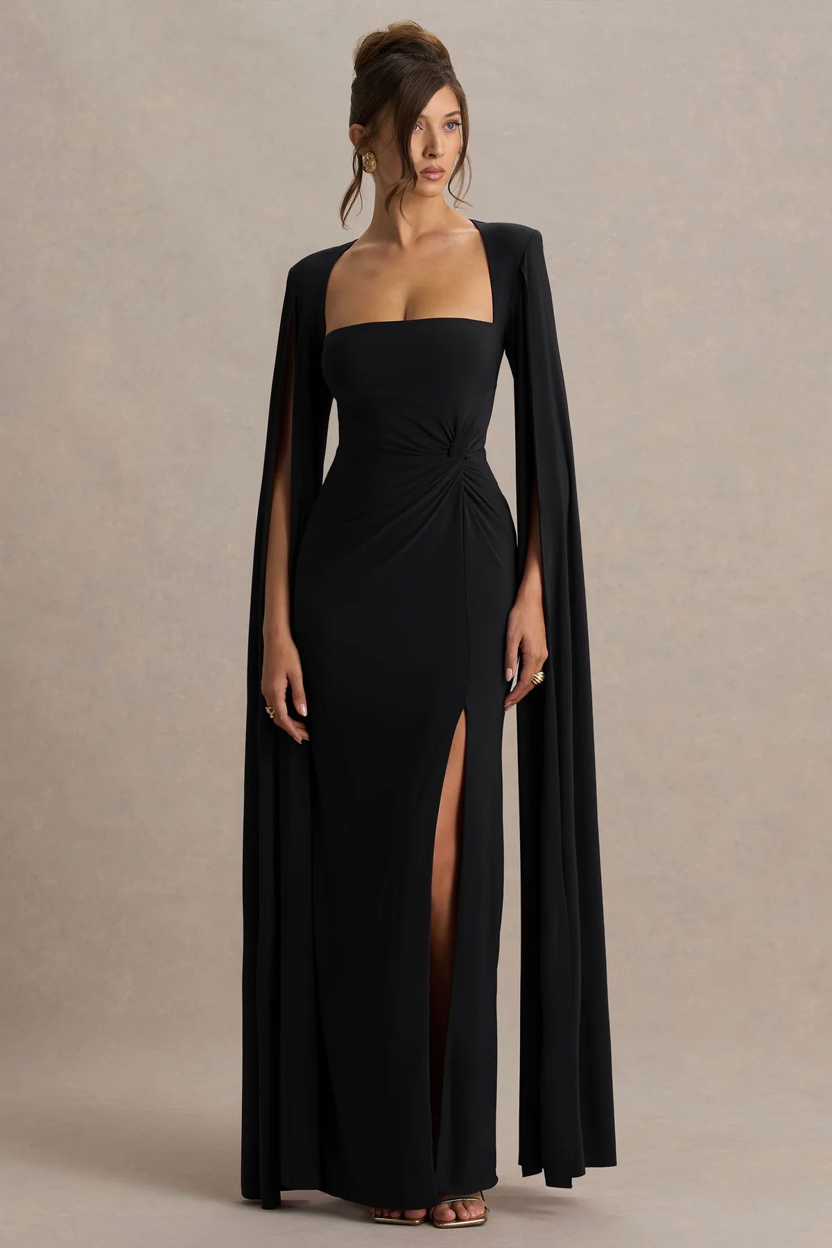 long sleeve dresses_Claretta | Black Square Neck Twisted Maxi Dress With Cape Sleeves