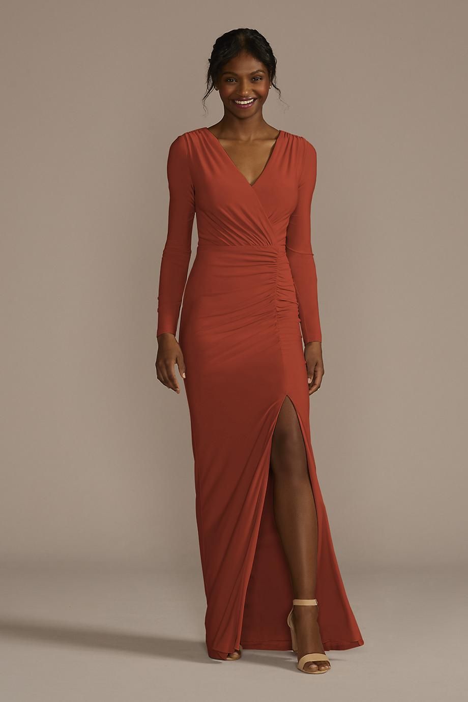 long sleeve dresses_Celebrate DB Studio Long Sleeve Ruched Jersey Sheath Dress in Cinnamon | Size: 22 | David's Bridal