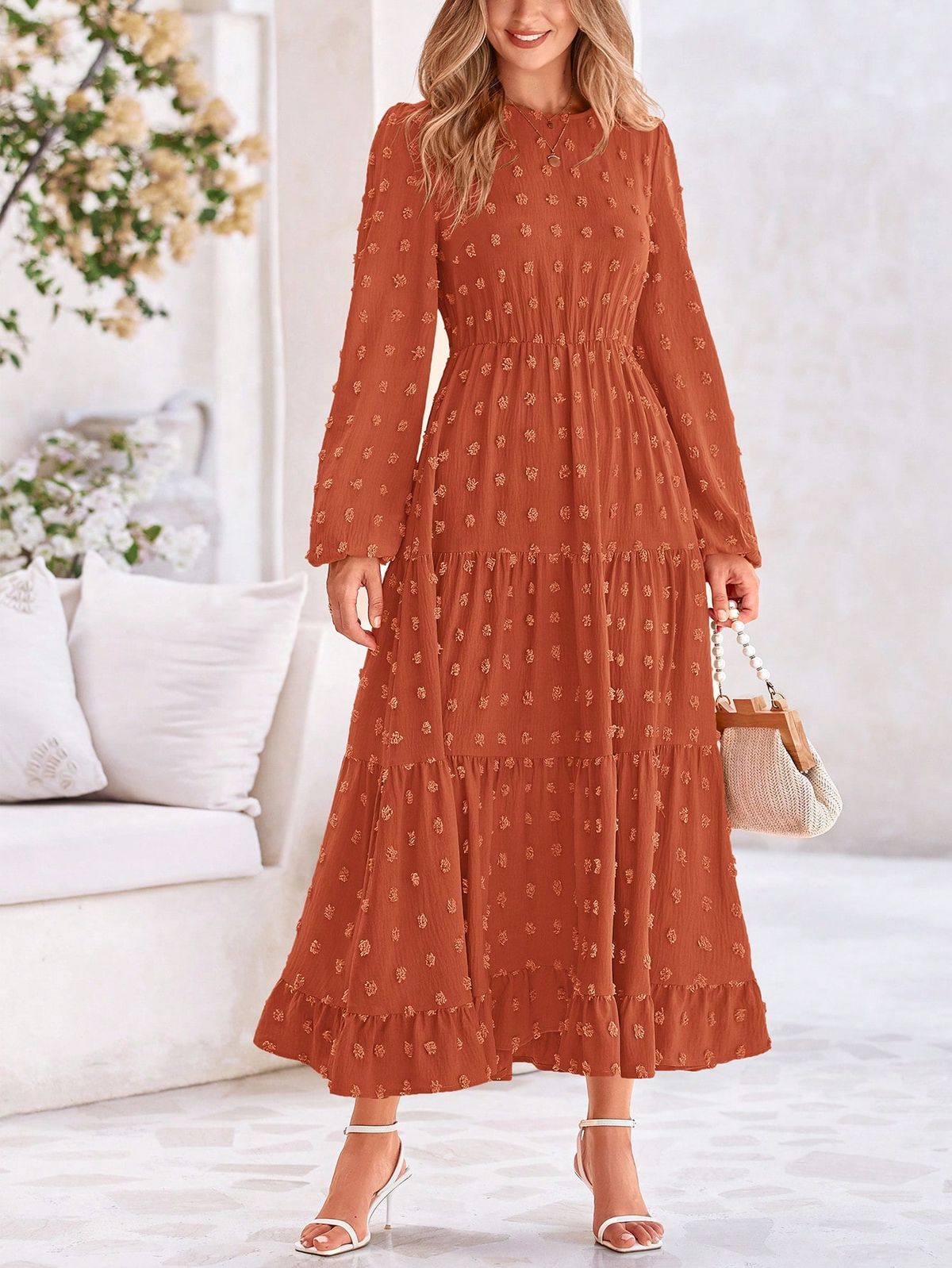 long sleeve dresses_ChristmasWomen's Autumn Spring Elegant Long Sleeve Long Dress Swiss Polka Dot A Elegant Casual Holiday Wedding Party Going Out Dress