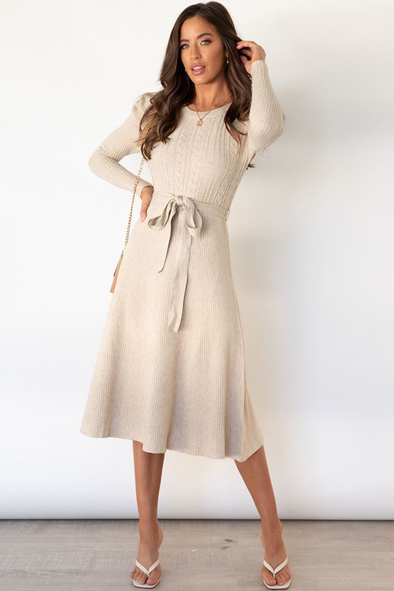 long sleeve dresses_Hazel Blues® |  Round Neck Long Sleeve Tie Waist Sweater Dress - Beige / L