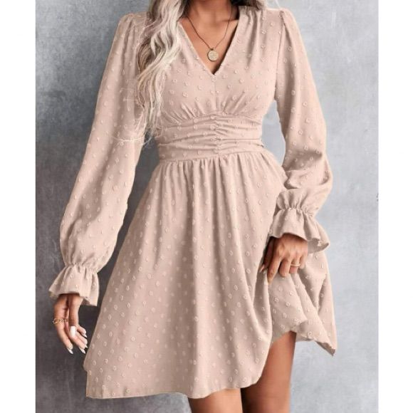 long sleeve dresses_Swiss Dot Flounce Sleeve Dress Apricot | Color: Cream | Size: Os