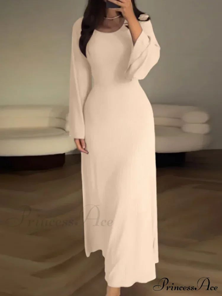 long sleeve dresses_Patchwork Bandaged Round-necked Slim-fitted Long-sleeved Street-ready Ankle-length Maxi Dress - Dark Gray / S