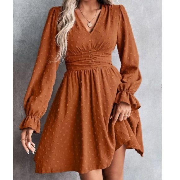 long sleeve dresses_Swiss Dot Flounce Sleeve Dress Rust Brown | Color: Brown | Size: Various