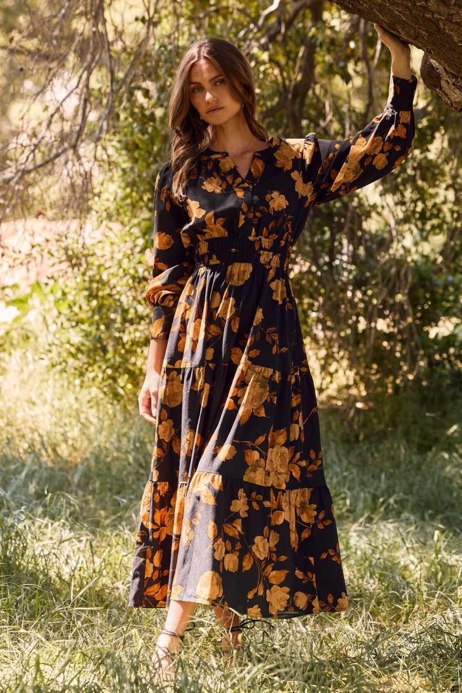 long sleeve dresses_Oddi Floral Print Maxi Dress in Black Multi - L