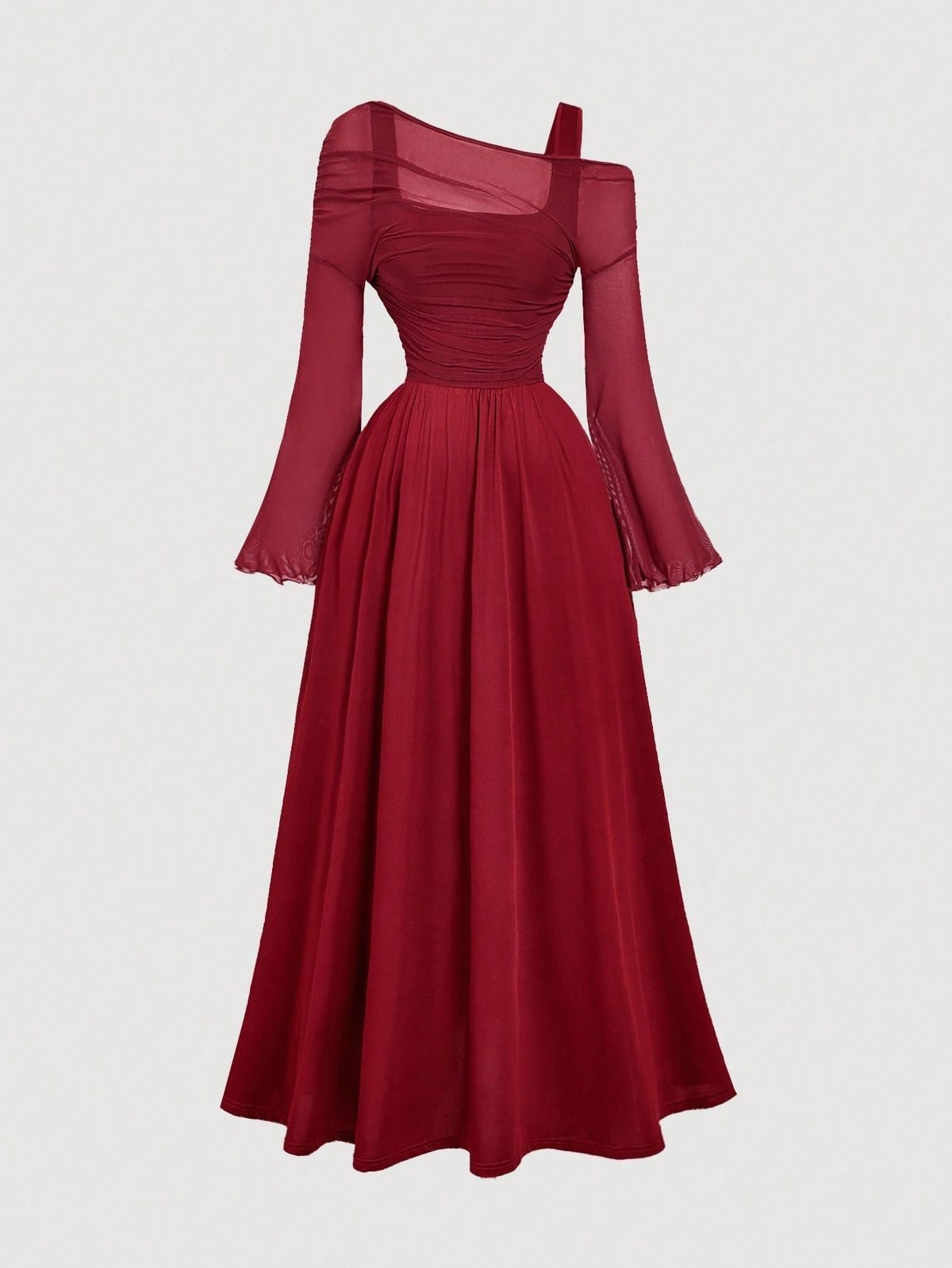 long sleeve dresses_Plus Size Burgundy Off-Shoulder Mesh 2in1 Trumpet Sleeve Long Sleeve Women's Dress,Western,Vintage,70s,The Bachelorette,Valentine Day Maroon Dress Burgundy Dress Women Red Formal Dress Long Dress Long Sleeve Dress