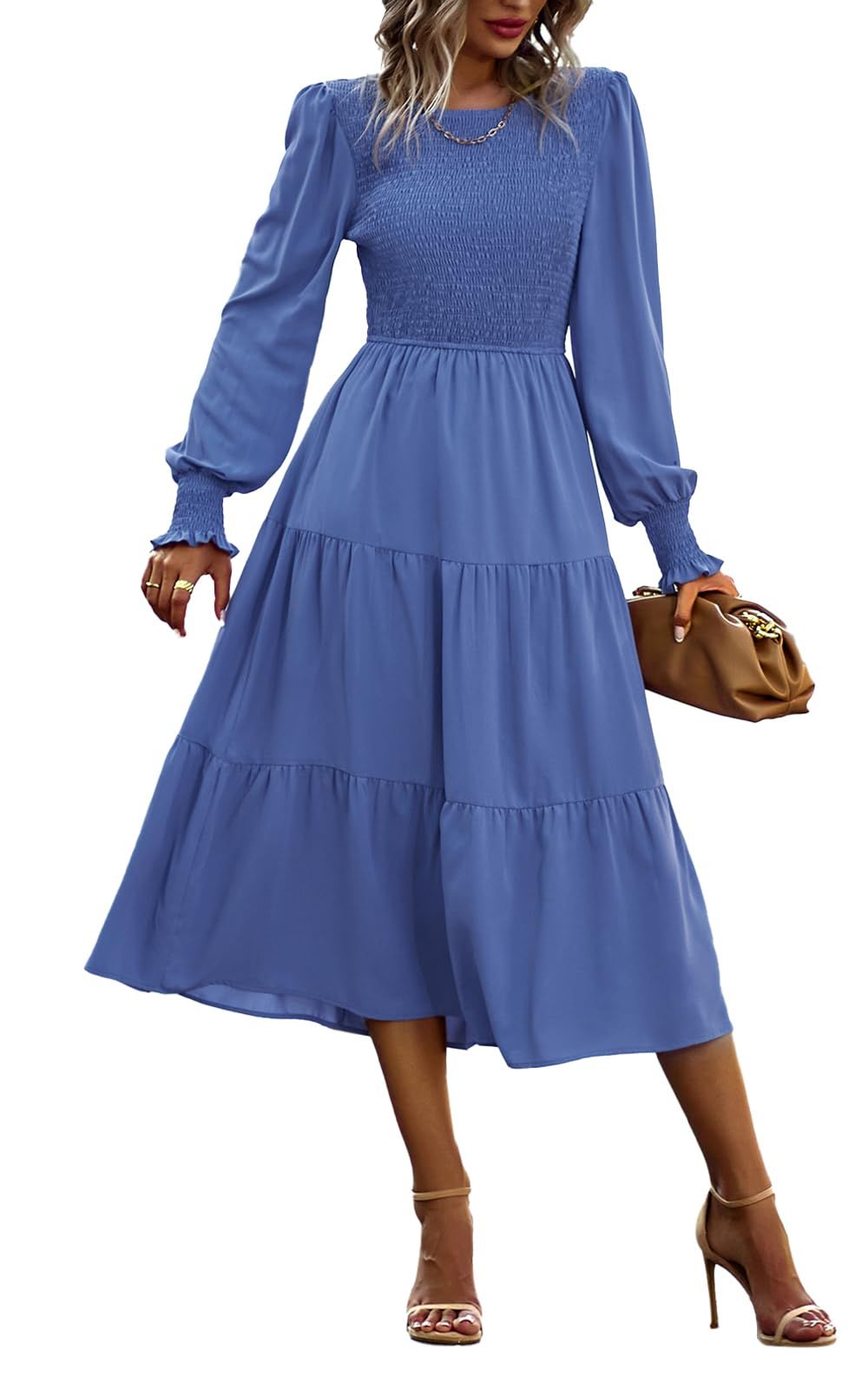 long sleeve dresses_Women's 2025 Casual Long Sleeve Spring Fall Dress Crew Neck High Waist Tiered Smocked Flowy Midi Dresses