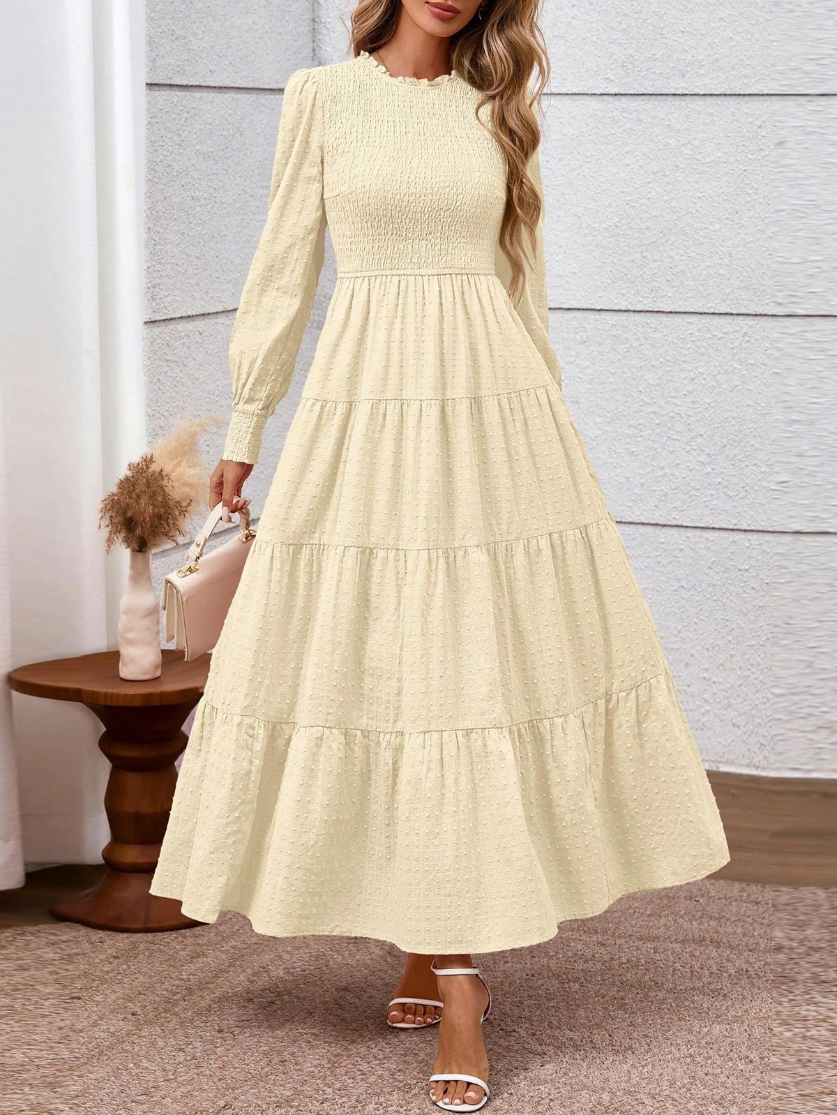 long sleeve dresses_ChristmasWomen's Long Sleeve Maxi Dresses Fall Casual Smocked Trim Neck Swiss Dot Tiered Flowy Wedding Guest Dress