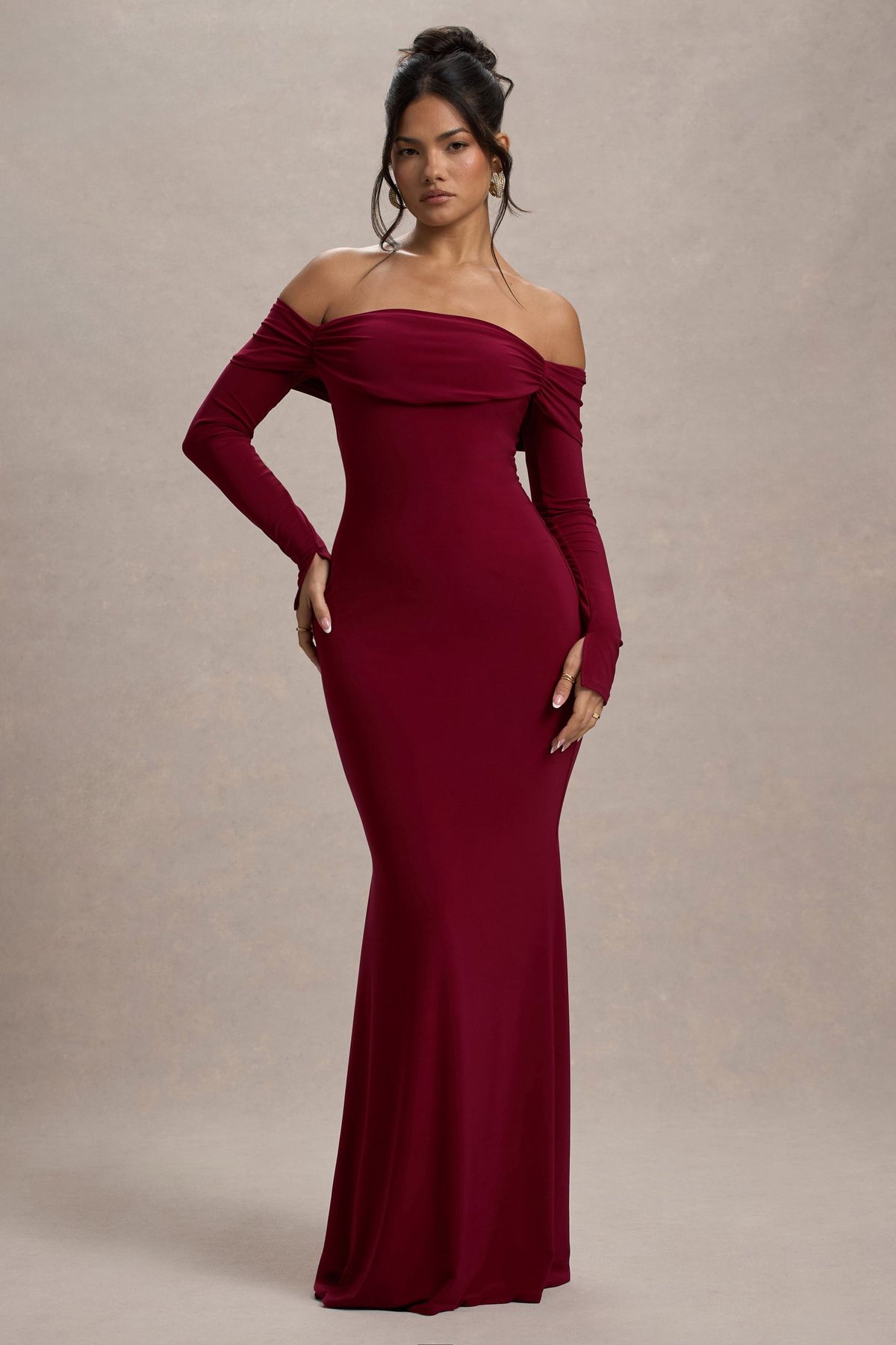 long sleeve dresses_Amaia | Berry Bardot Long-Sleeve Maxi Dress