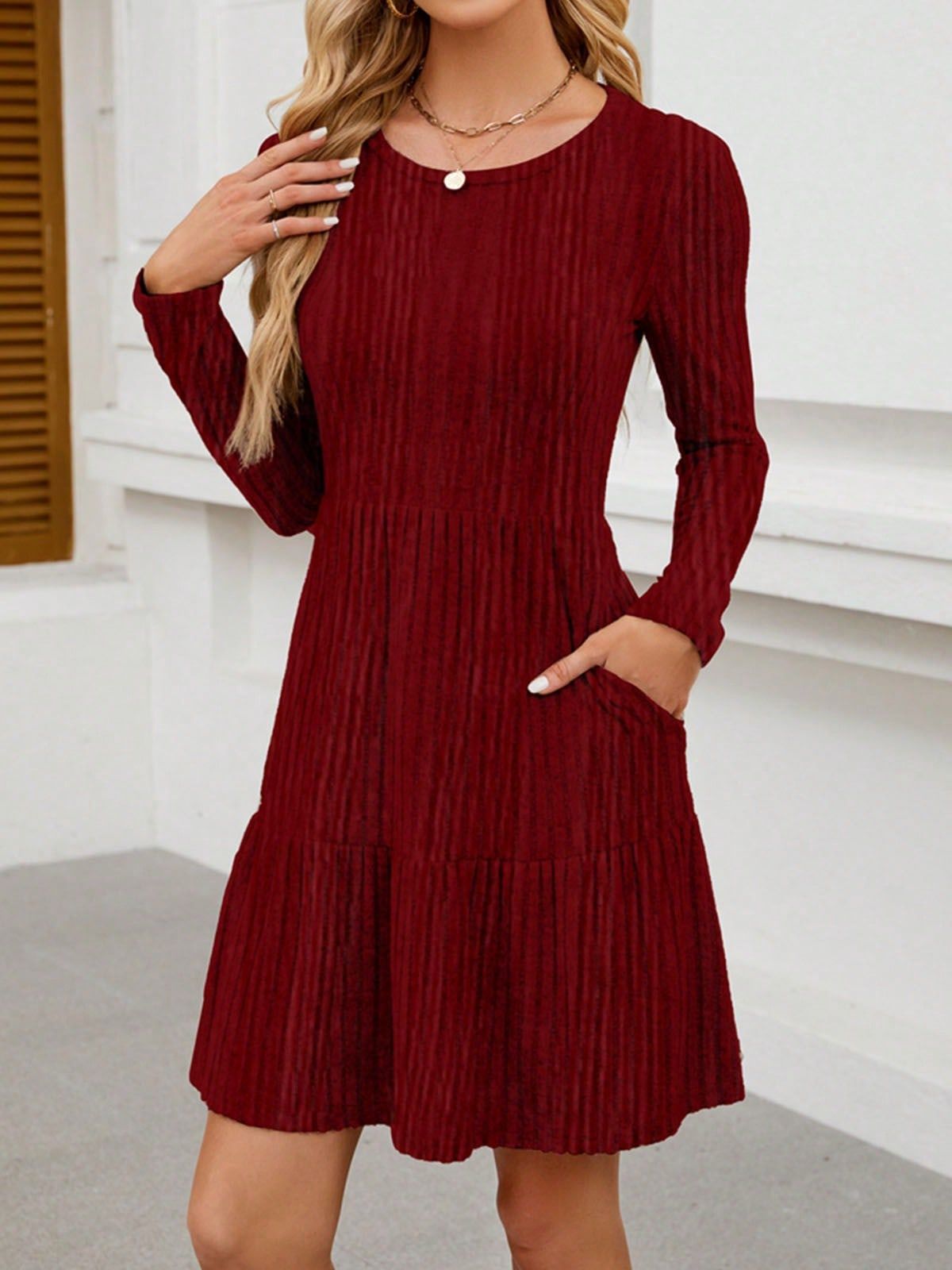long sleeve dresses_Women's Long Sleeve Sweater Dresses With Pockets Round Neck Casual Fall Winter Dress Ribbed Knit A Line Short Dress Fashion Babydoll Outfits