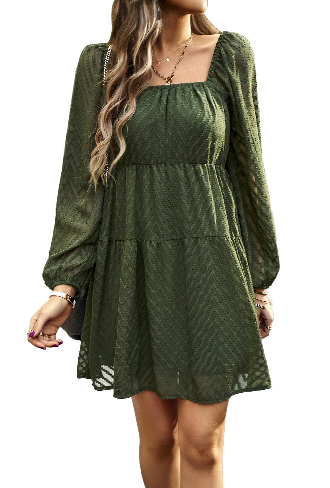 long sleeve dresses_BestWendding Women's Casual Long Sleeve Mini Dress 2025 Summer Fall Square Neck Ruffle Tiered Flowy Loose Babydoll Dress
