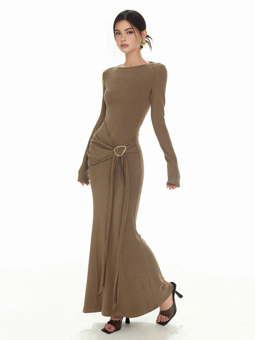 long sleeve dresses_Plain Ruched Slim Knit Dress