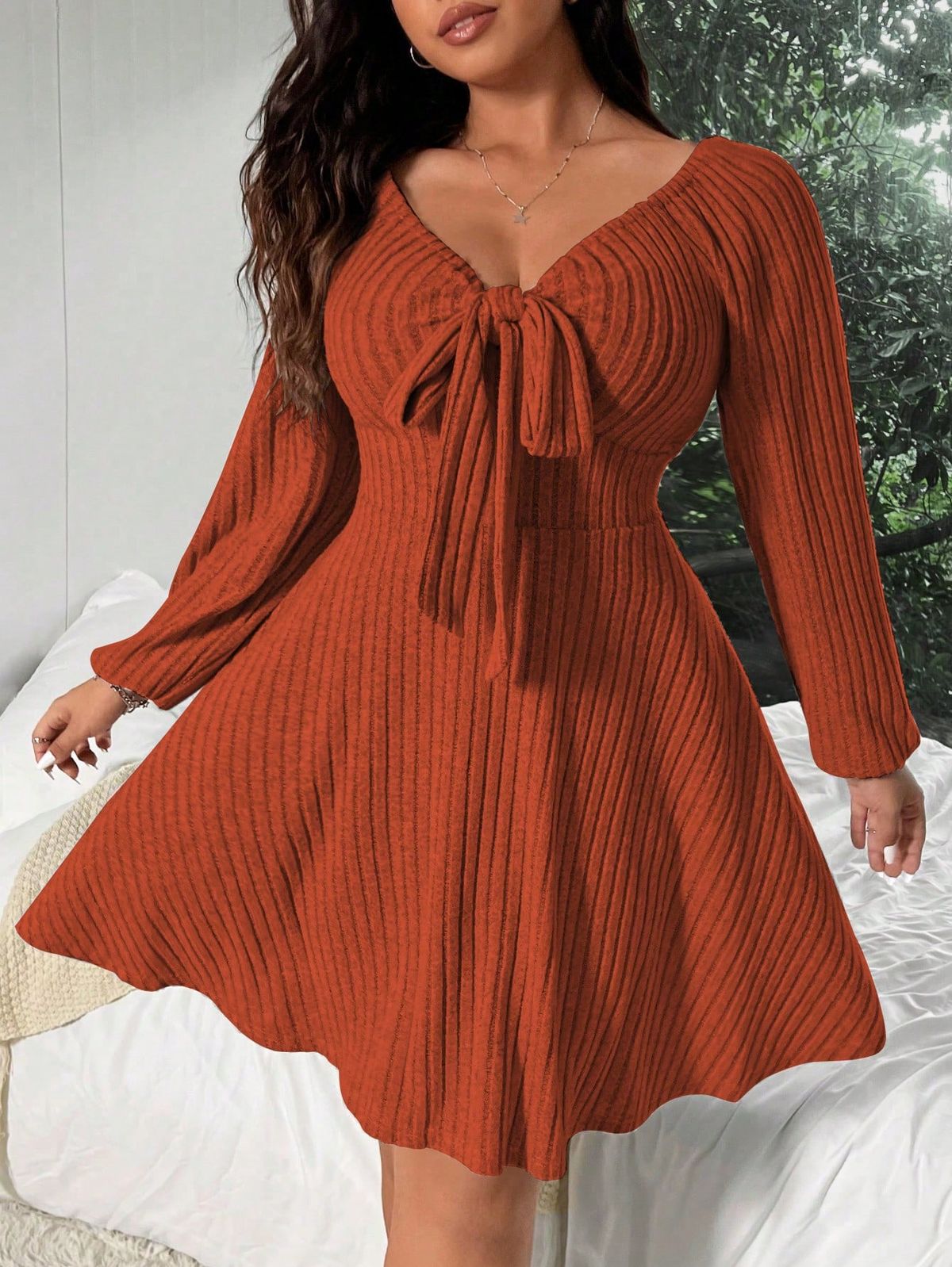 long sleeve dresses_Floral & Striped Tie Front Dress, Plus Size, Long Sleeve