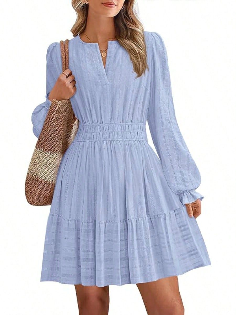 long sleeve dresses_Mini Dresses For Women 2025 Casual Lightweight Long Sleeve V Neck A Line Elastic Waist Party Holiday Dresshalloween