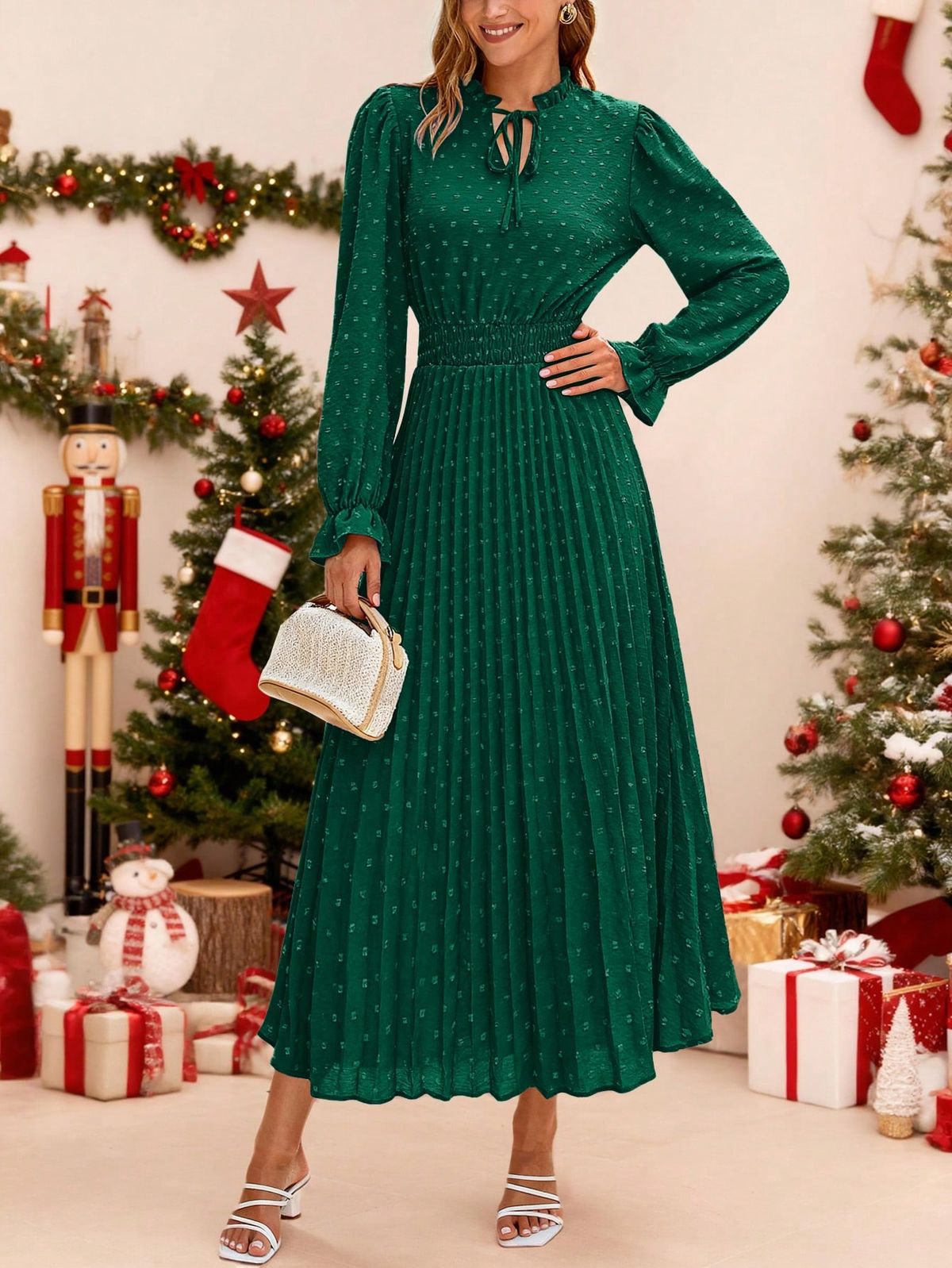 long sleeve dresses_Women's Spring Fall Midi Dress Casual Long Sleeve V Neck Swiss Dot Pleated A Line Flowy Dresses  For Women