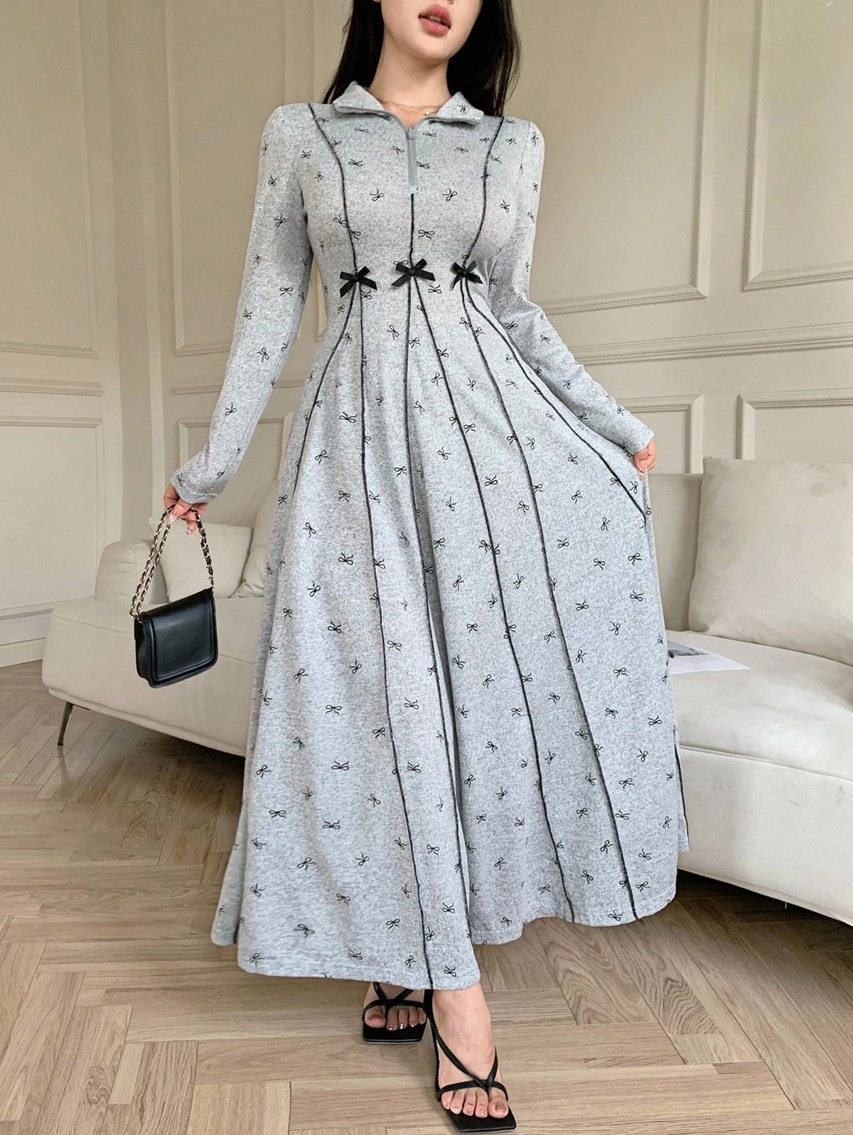 long sleeve dresses_Women's Casual Fashionable Bow Decor Cinched Waist Long Sleeve Midi Dress