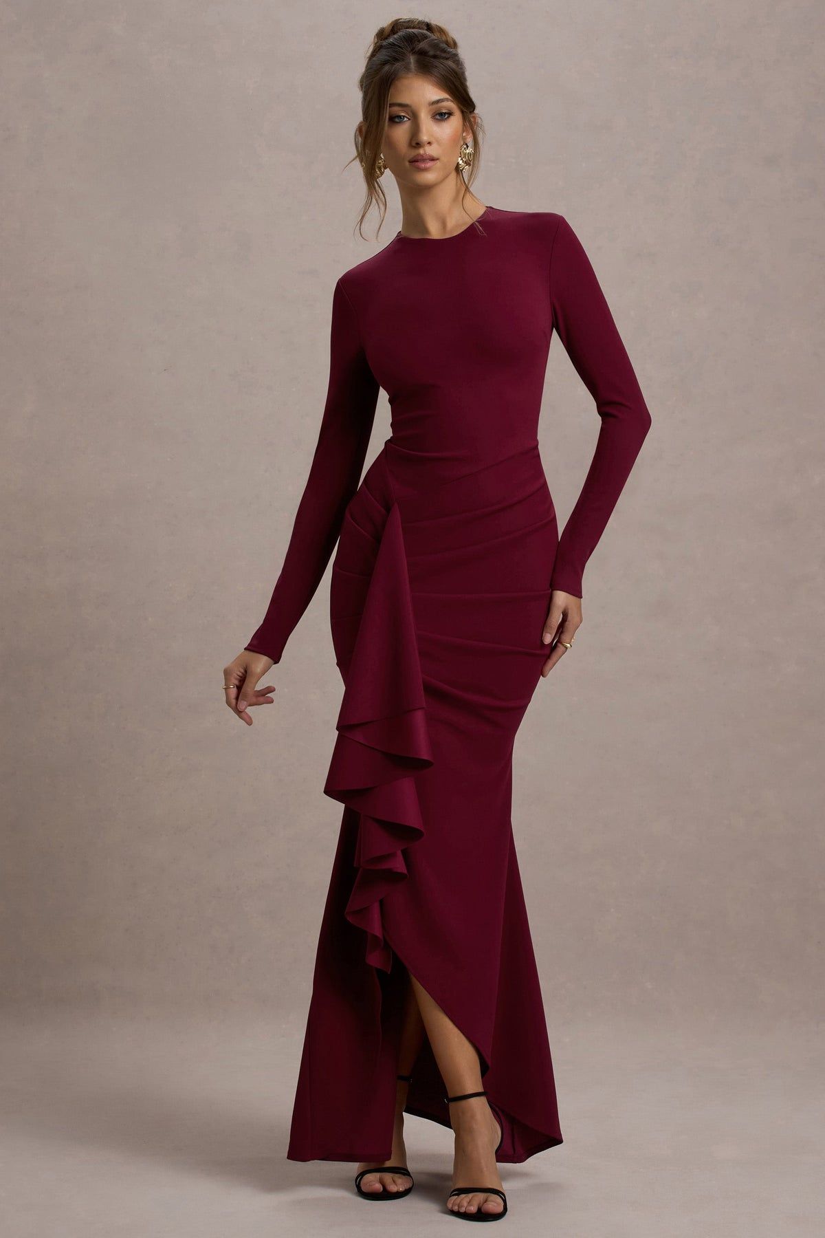 long sleeve dresses_Alayna | Berry Long-Sleeve Maxi Dress With Ruffled Split