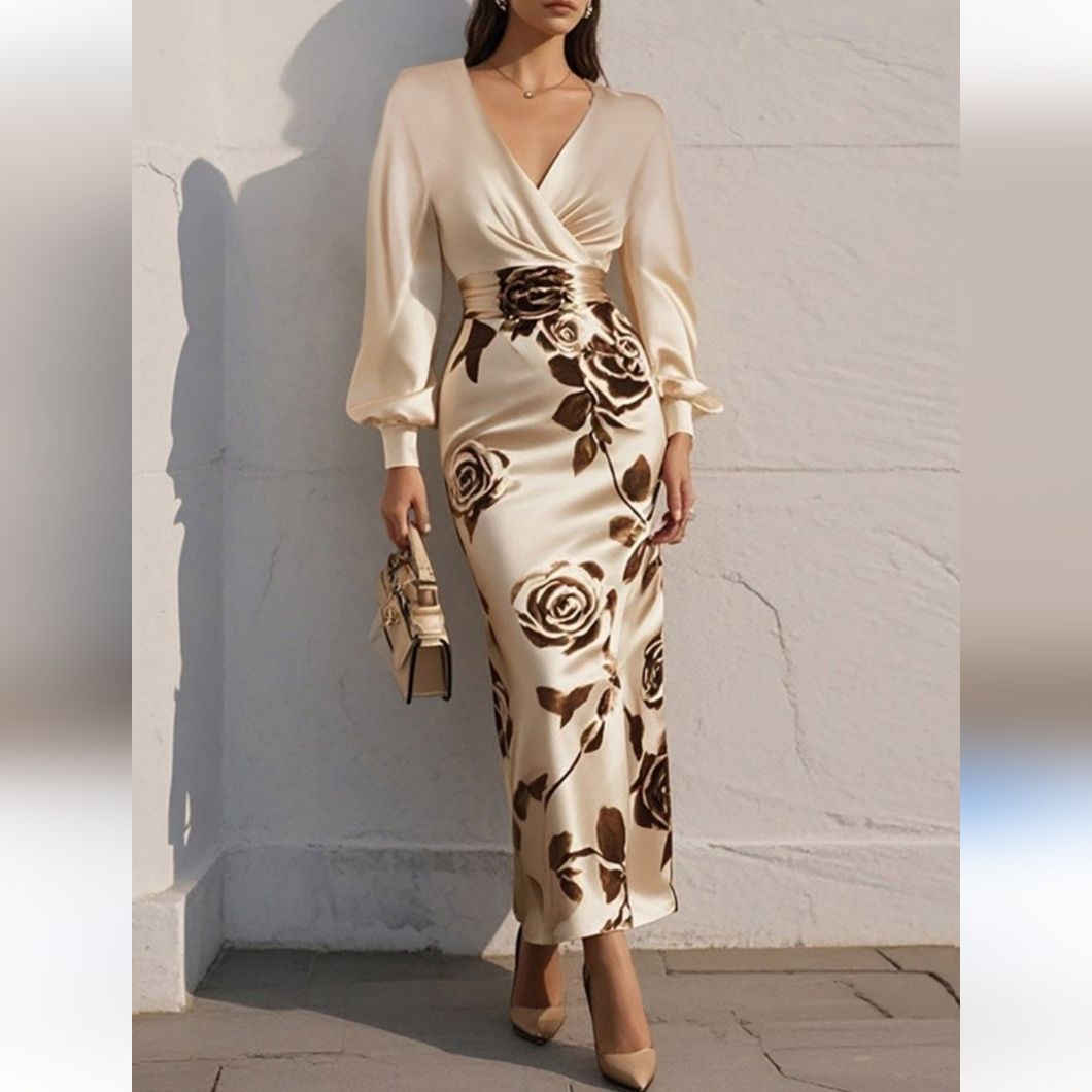 long sleeve dresses_Fehaute Dresses | Fehaute Apricot Floral V Neck Long Puff Sleeve Satin Sheath Maxi Dress Size 10 | Color: Brown/Cream | Size: 10