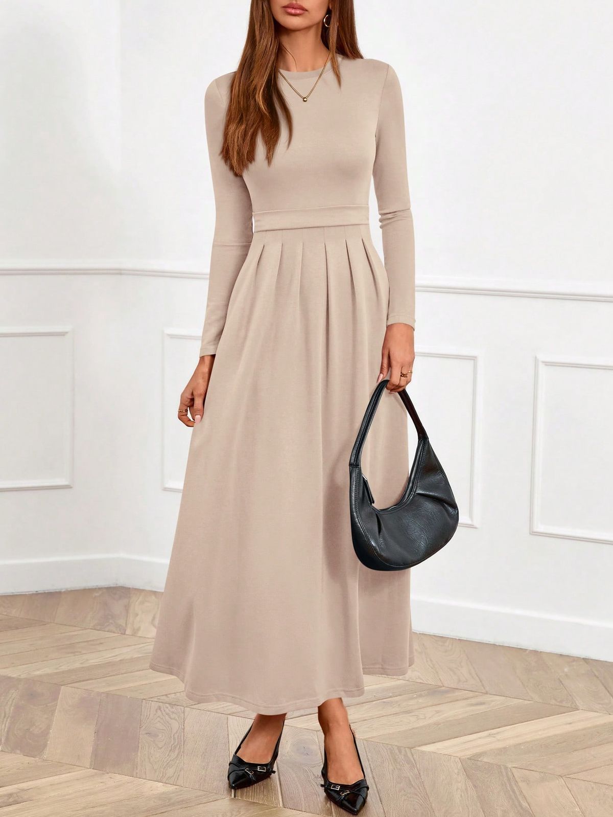 long sleeve dresses_Women Casual Long Sleeve High Waist Side Pockets Pleated Flowy Maxi Dress Fall Autumn Winter Christmas New Year Wedding Guest Dresses Outfits