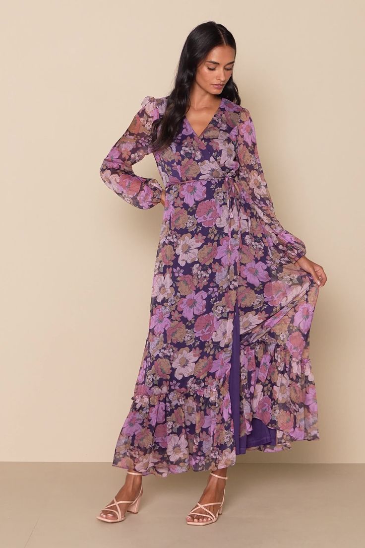 long sleeve dresses_Feeling Sweet Purple Floral Print Long Sleeve Wrap Maxi Dress