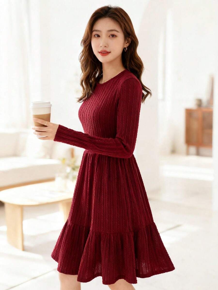 long sleeve dresses_Teen Girl's Jacquard Knit Red Round Neck Long Sleeve Slim Fit Casual Dress, Christmas Dress, Red Christmas, Red Party Outfit, Elegant Red Dress