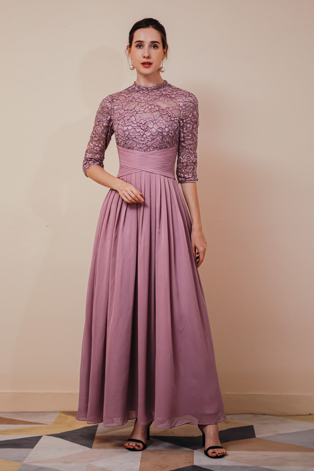 long sleeve dresses_Elegant Violet 3/4 sleeves High waist Beaded Lace Chiffon Evening Dress - Orange / US8