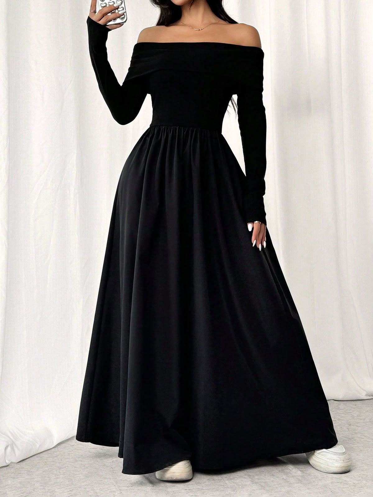 long sleeve dresses_Women's Off-The-Shoulder Long Sleeve Dress, Solid Color, Spring/Summer