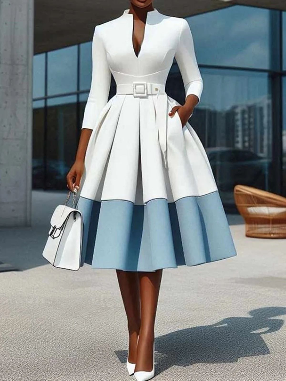 elegant dresses_StyleWe Women Elegant Knee Length Dress With Belt High Waist X-Line V Neck  Three-quarter Sleeve For Work