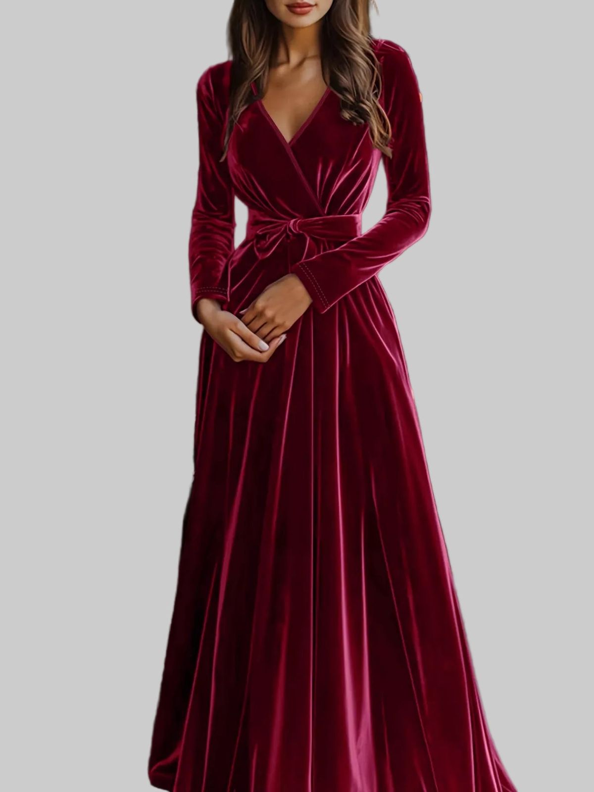 long sleeve dresses_Velvet Wrap Surplice Maxi Dress - Burgundy / S