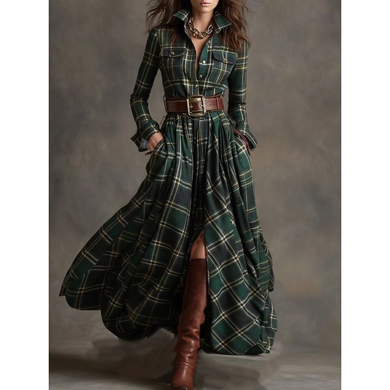 long sleeve dresses_Women's Maxi Dress Shift Dress Vacation Casual Boho Daily Regular Fit Plaid Long Sleeve Lapel Blue Dark Yellow Deep Green Black Spring Fall Winter(No belt)