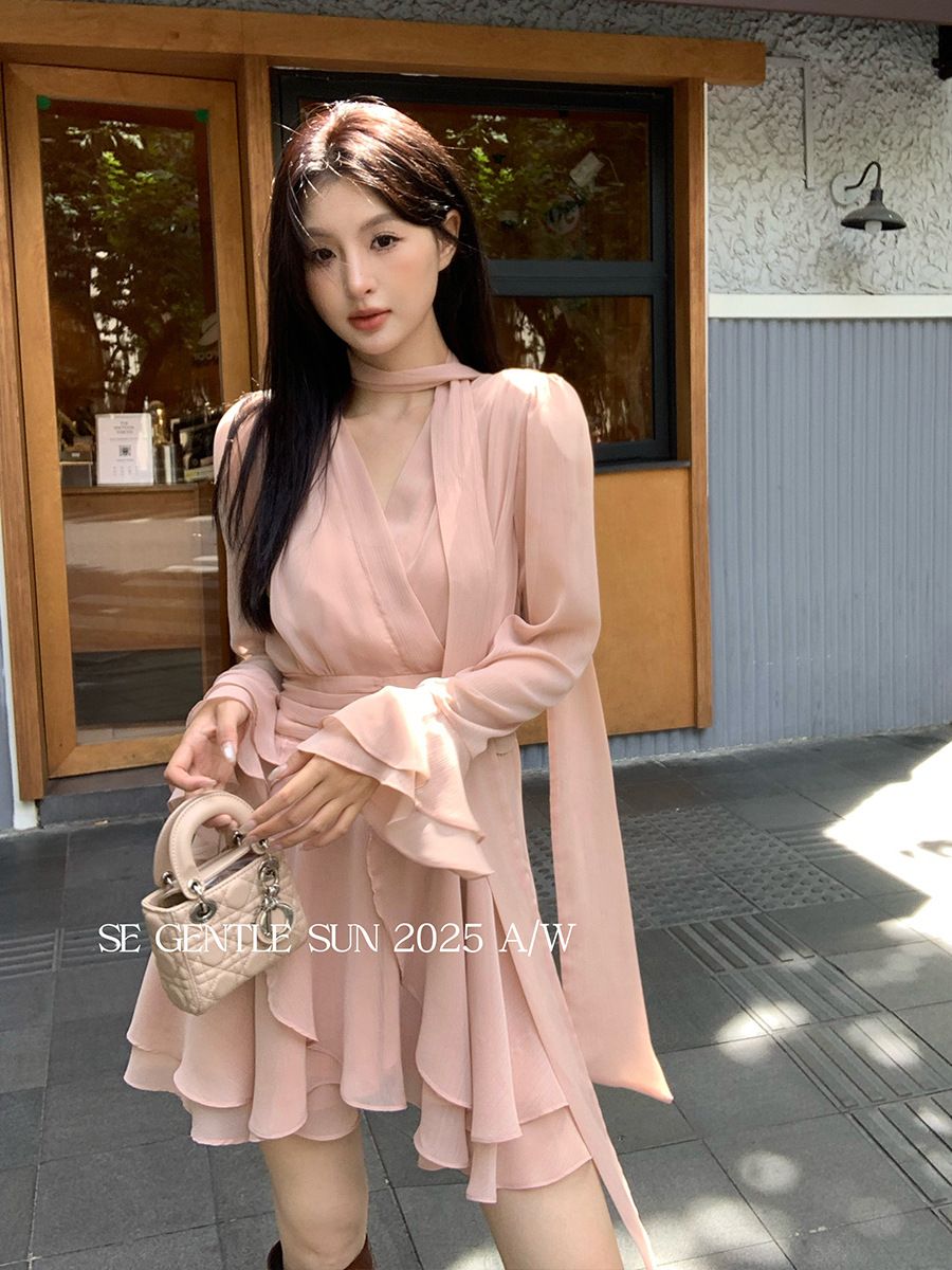 elegant dresses_Zingj Xixi 2025 Autumn New White Standard Temperament Hanging Neck Long Sleeve Elegant Dress Senior Sense Short Dress Women 88435 Orange Powder-M