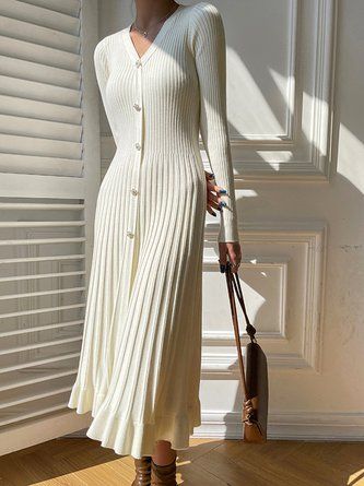 long sleeve dresses_Plain Winter Elegant Buttoned Acrylic Regular Fit Commuting Midi Regular Dresses for Women