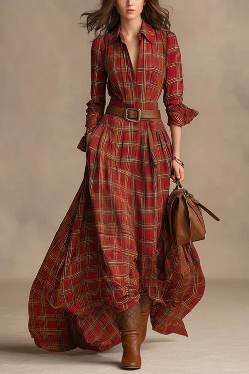 long sleeve dresses_Lapel Long Sleeves Button Up Plaid Maxi Shirt Dress（Includes belt） Red-L