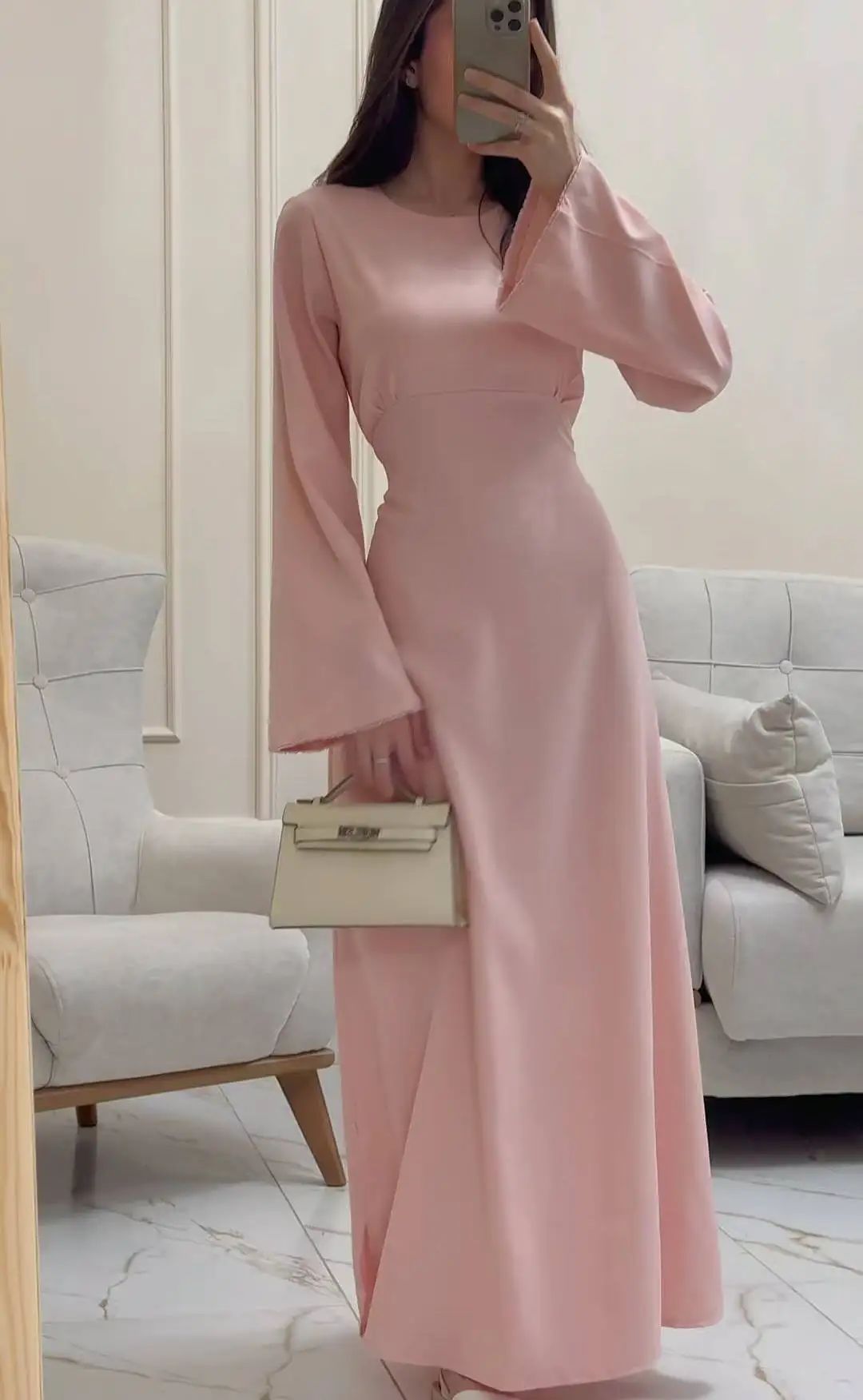 long sleeve dresses_Autumn Elegant Solid Lace Up Dress Muslim Women Fashion Solid Round Neck Flared Sleeves High Waist
