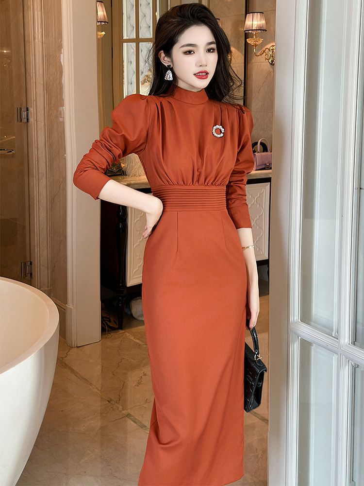 long sleeve dresses_Women's Professional Dresses Retro Elegant Bubble Sleeve Pleated High Waist Wrap Hip Slit Midi Robe