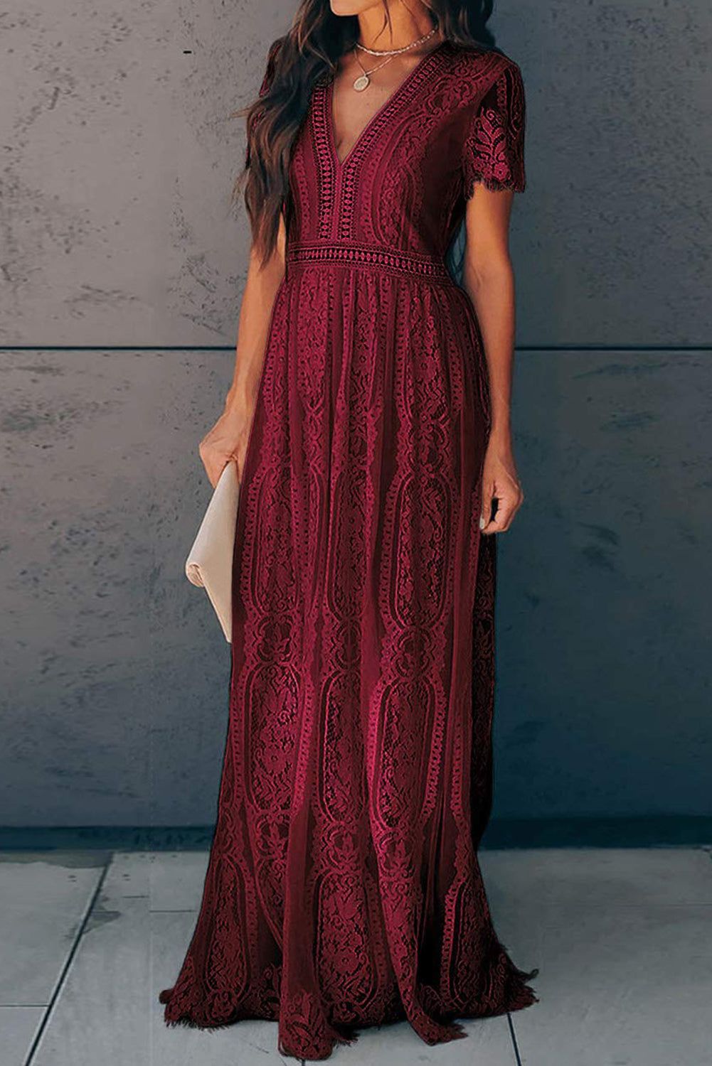 long sleeve dresses_Burgundy Deep V Neck Short Sleeve Lace Maxi Dress - Red / 2XL / 95%Polyester+5%Spandex