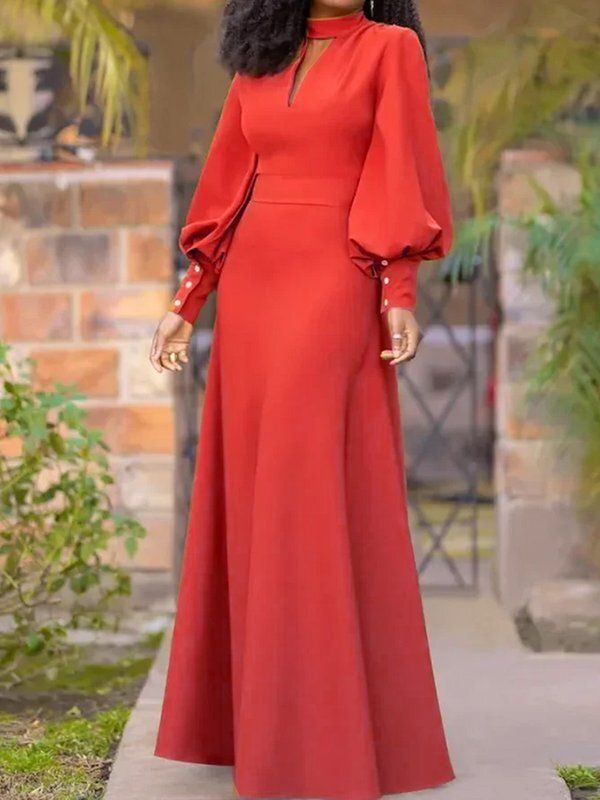 long sleeve dresses_Long Sleeves Loose Buttoned Hollow Solid Color Split-Joint Round-Neck Maxi Dresses RED-S