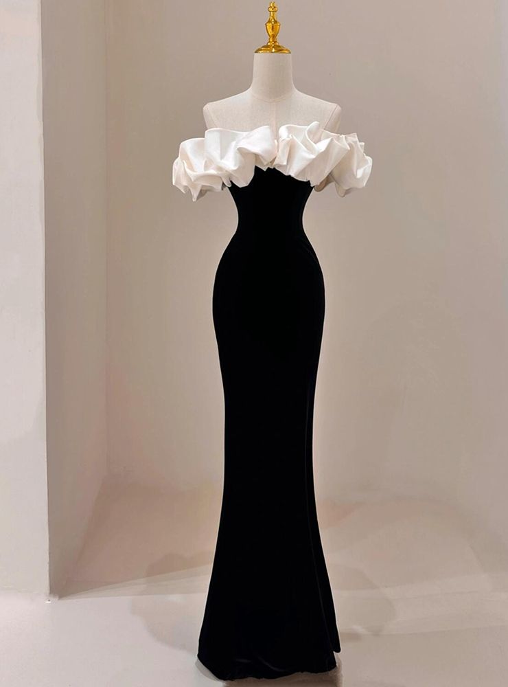 elegant dresses_Black Mermaid White Satin Off the Shoulder Prom Dress