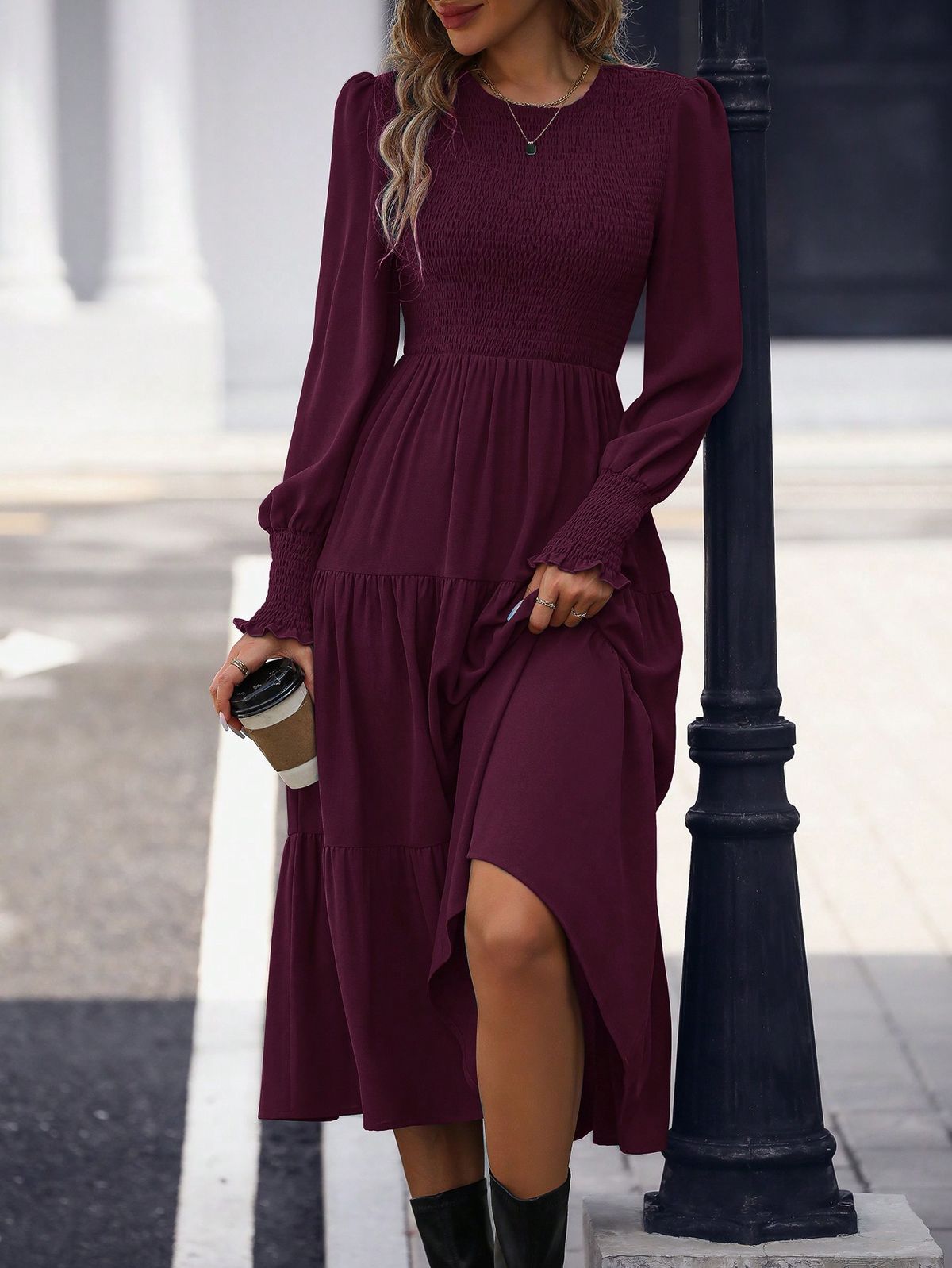 long sleeve dresses_1pc Casual Solid Color Puff Sleeve Cinched Waist Dress, Suitable For Autumn Burgundy Maxi Women Outfit Long Sleeve Long Dressburgundy Dress Womenelegant Dress Long Sleeve Fall Cloth For Women