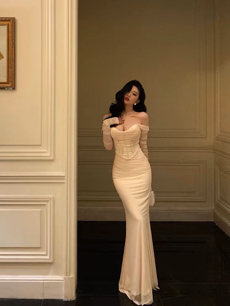 long sleeve dresses_Chic Mermaid Off The Shoulder Long Sleeves White Long Prom Dresses Birthday Dress SD291