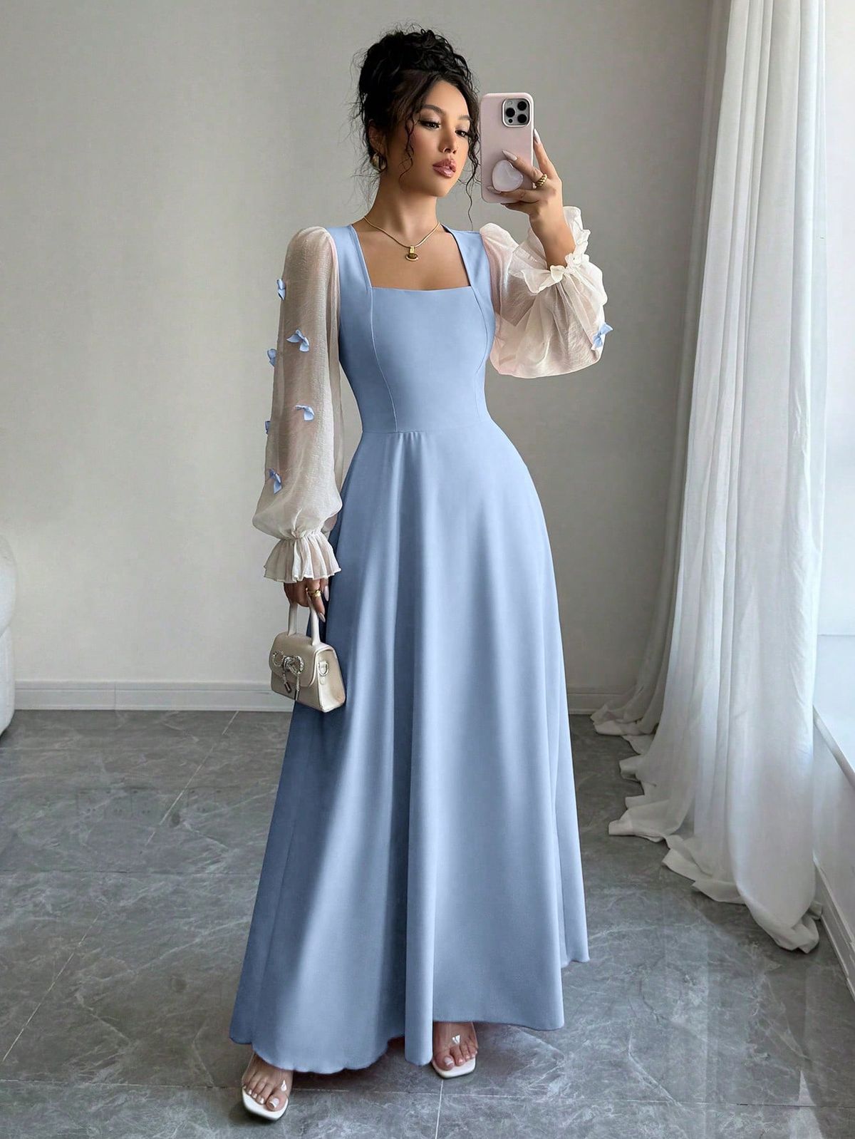 long sleeve dresses_Women's Mixed Fabric Bowknot Decorated Waist Cinched Woven Dress Fall Cloth For Women