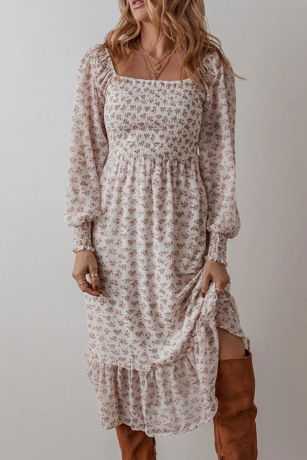 long sleeve dresses_Smocked Floral Square Neck Long Sleeve Midi Dress - Floral / S