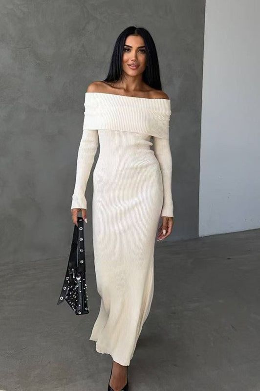 long sleeve dresses_Striped Off Shoulder Sweater Dress - S / Ivory