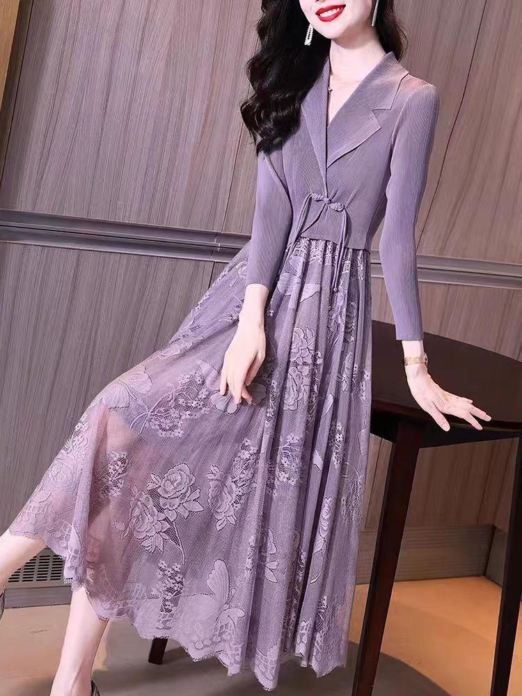 long sleeve dresses_Autumn Socialite Temperament Wearing Mesh Embroidery Ruffle Edge Large Swing Splicing Suit Collar